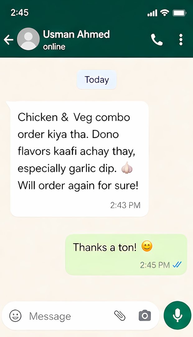 WhatsApp message from Usman Ahmed praising the chicken and veg combo and garlic dip