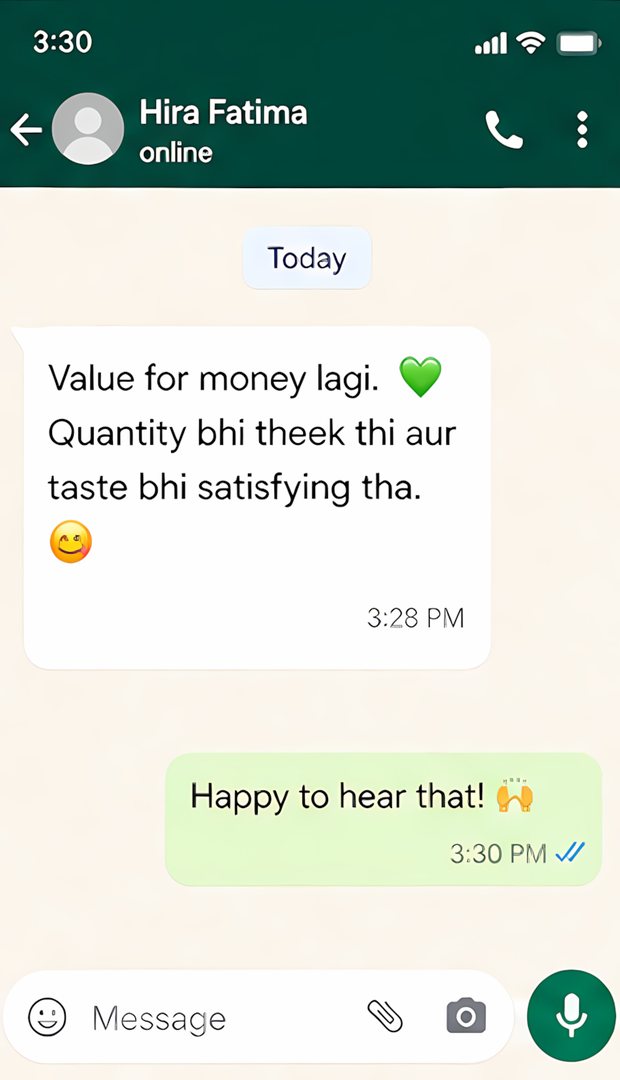 WhatsApp feedback screenshot from a happy REO BITES customer