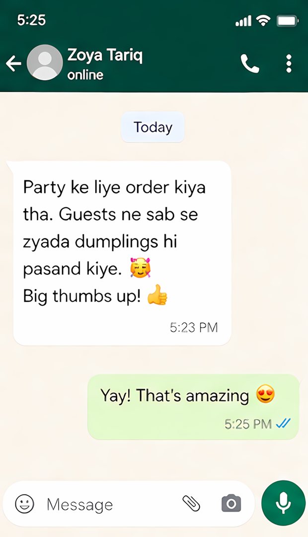 WhatsApp message from Zoya Tariq saying party guests loved the dumplings most