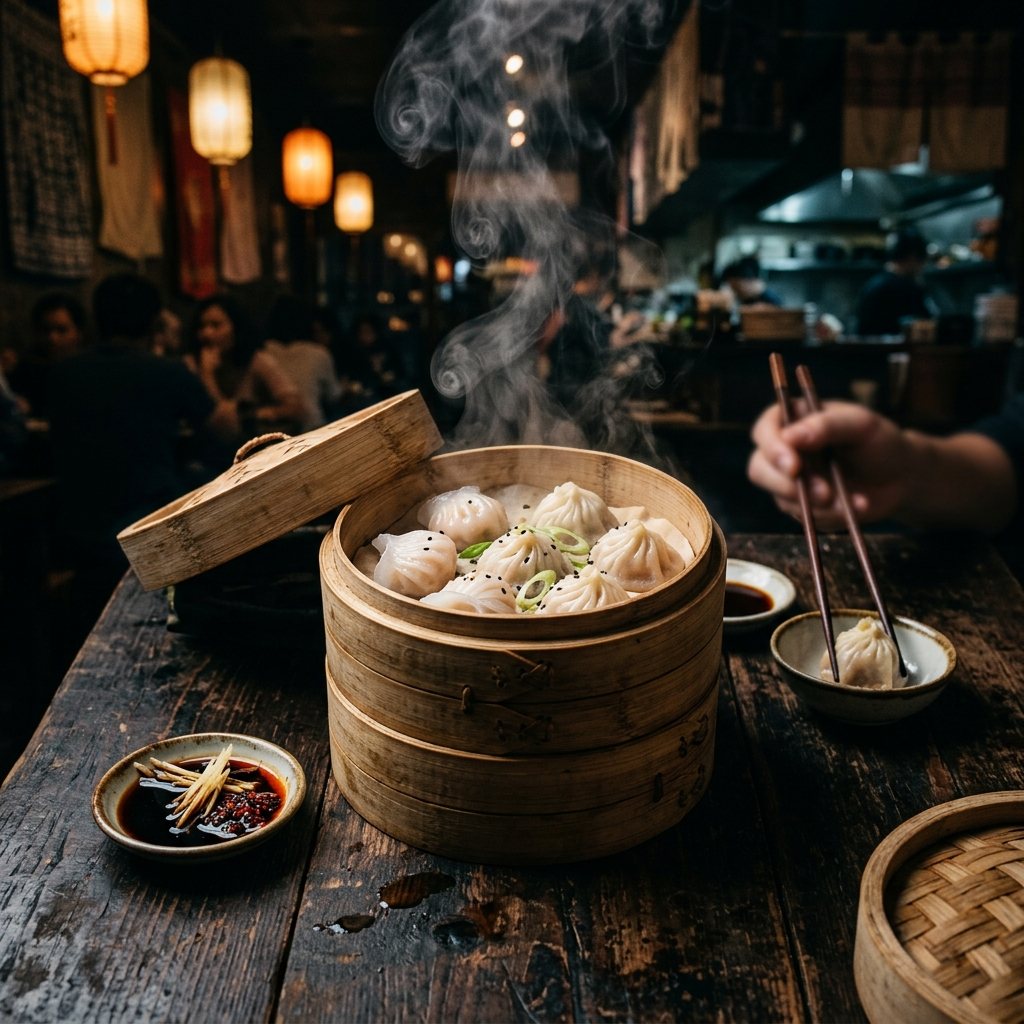 A steaming basket of dumplings on a table in a lantern-lit night-market setting