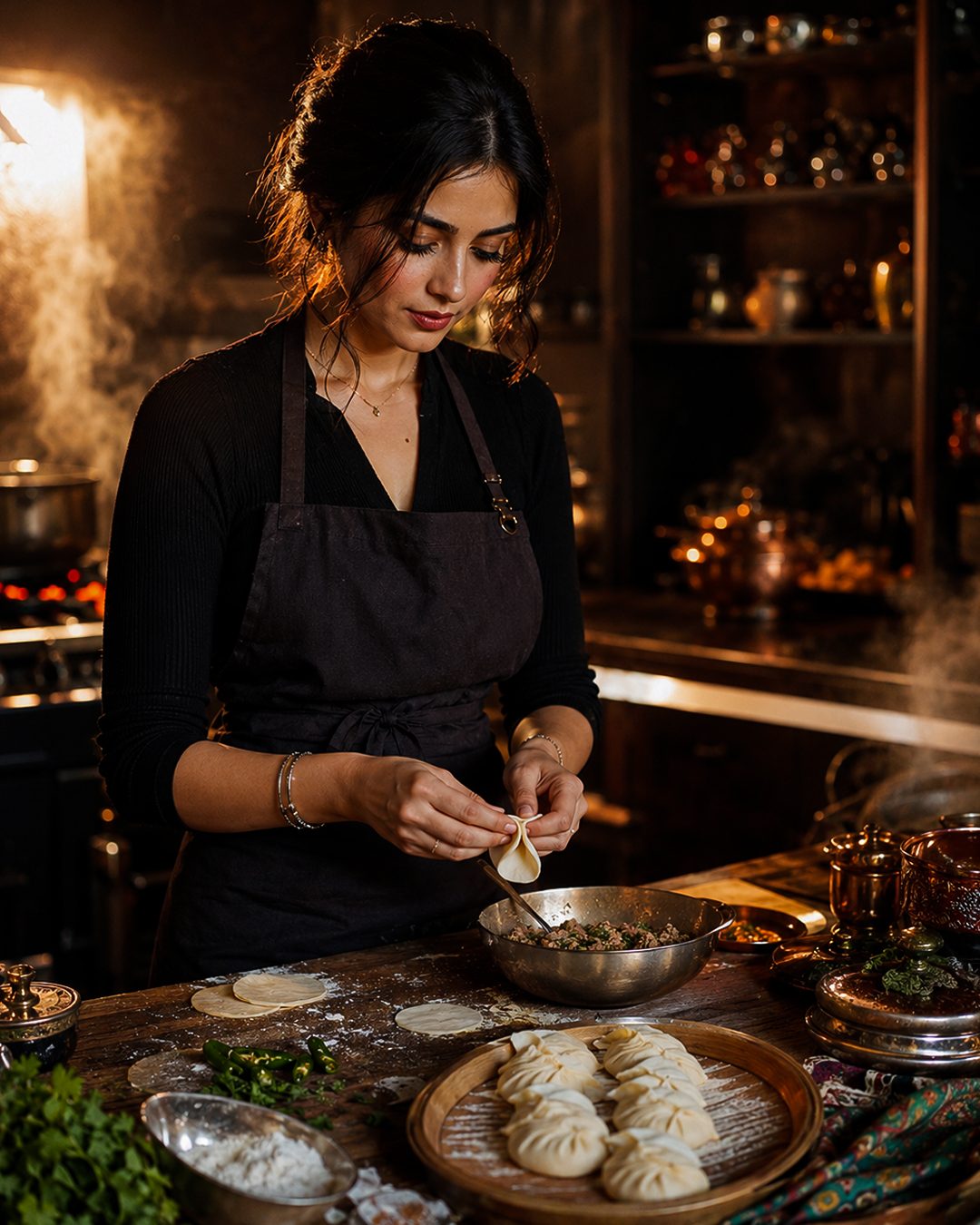 Rao Mehr-un-Nissa pleating a fresh dumpling by hand in her warm Karachi home kitchen, steam rising over the steel bowl of spiced filling
