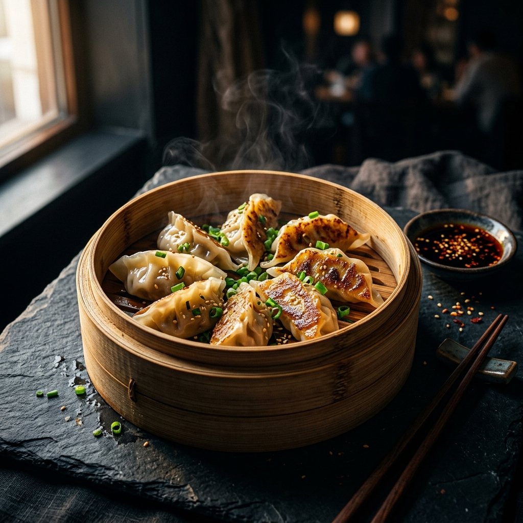 A bamboo steamer of fresh dumplings resting by a window, steam rising